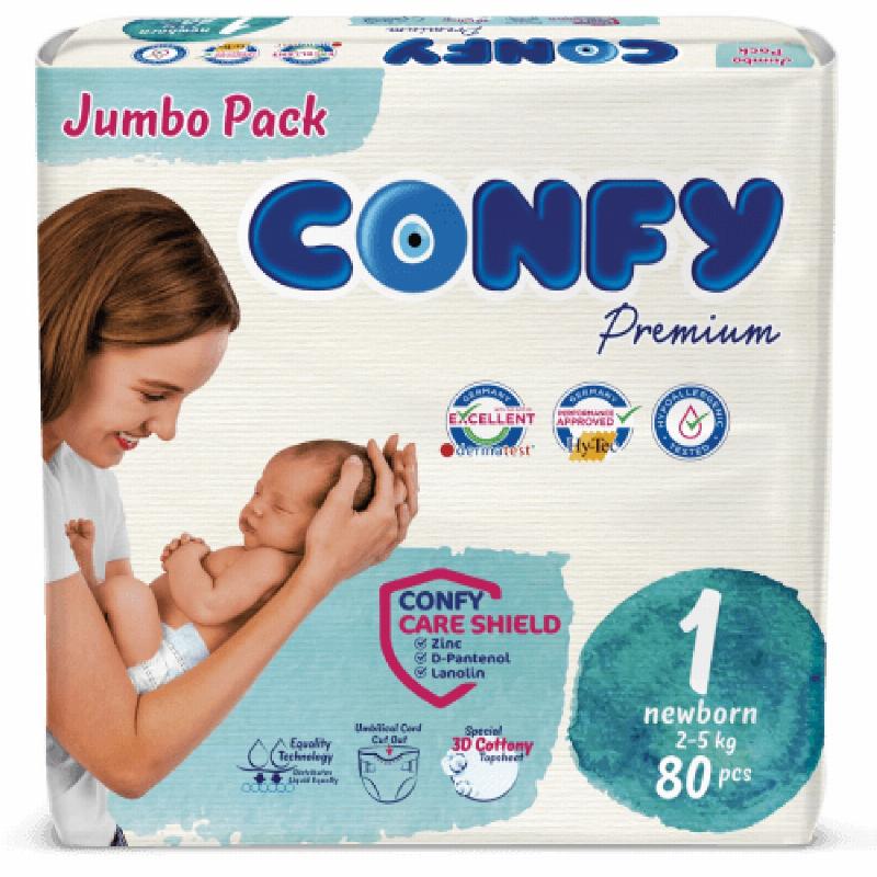 Confy Premium підгузки дитячі Size 1, Newborn Jumbo 2-5kg, 80шт